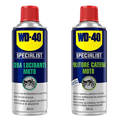 WD-40 Specialist Cera Lucidante Moto Spray, Contiene Cera Carnauba per una Finitura Perfetta ed Ultra Brillante, 400 ml & Specialist Moto Pulitore Catena Moto Spray, 400 ml