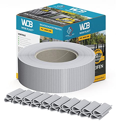 WDB Basic Line - Strisce di protezione in PVC per recinzioni da giardino e recinzioni a doppia asta, 47,5 mm × 35 mb + 20 clip di fissaggio, colore: grigio