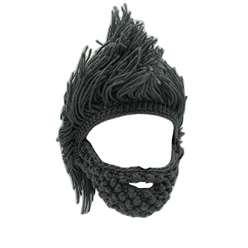 Yekeyi, Cappello invernale caldo a forma di elmo di vichingo con corna e barba, lavorato a maglia, in lana, divertente, Taglia unica