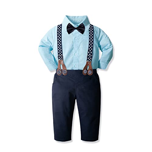 Yilaku Completo Bimbo 4 anni Elegante Estate Camicia Blu a Maniche Lunghe + Papillon + Pantaloni + Bretelle 4 Pezzi Abiti da Battesimo (azzurro, 4-5 anni)