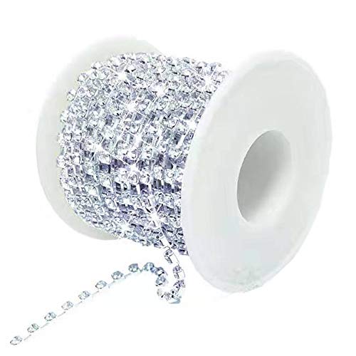 Amajoy, 1 fila di strass di cristallo, catenella trasparente, 9,1 m, per matrimoni, cucito, fai da te, decorazione, colore argento, 3 mm