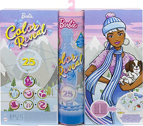 Barbie - Calendario Dell Avvento Color Reveal con 25 Sorprese, Tra Cui 1 Bambola e 1 Cucciolo, HBT74