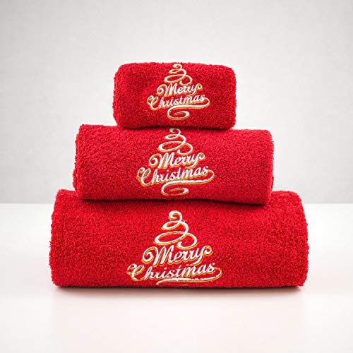 BGEUROPE Set di 3 asciugamani da bagno ricamati rossi – Ref. Merry Christmas