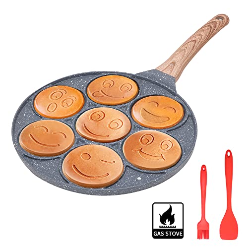 Bobikuke Padella Pancake Smile, Pancake Piastra Antiaderente 7 Fori Padella Frittata Piatto Colazione per Bambini 26 cm - Nero