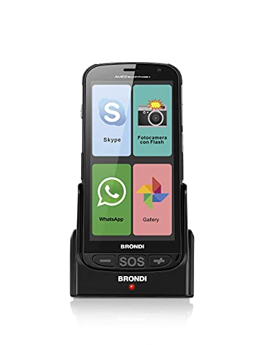 Brondi Amico Smartphone +, versione aggiornata con base di ricarica, Telefono Cellulare per Anziani GSM DUAL SIM con Tasti Grandi, Funzione SOS, Controllo Remoto, Volume Alto, Nero