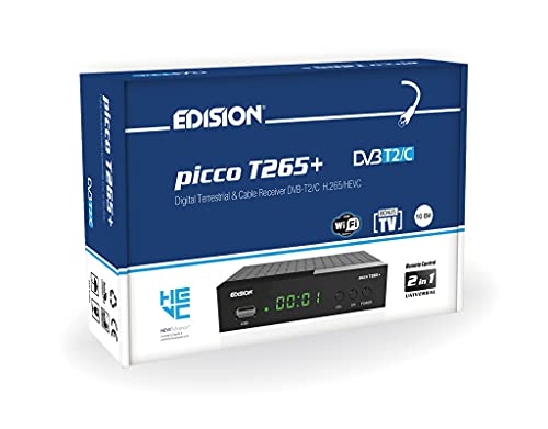Decoder DVB-T2 HD EDISION PICCO T265+ Ricevitore Digitale Terrestre Full HD DVBT2 H265 HEVC 10 Bit Bonus TV, FTA, USB, HDMI, SCART, Sensore IR, Supporto USB WiFi, Telecomando Universale 2in1, Main 10