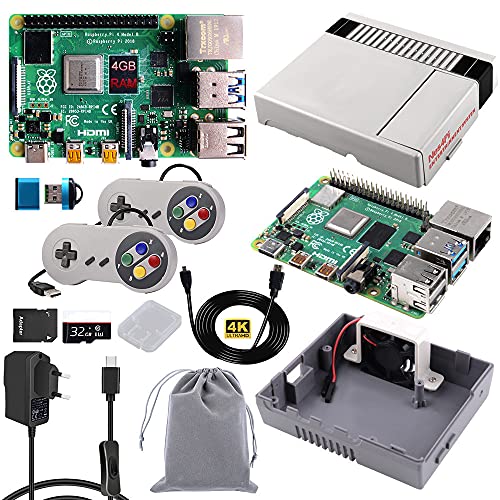 DVOZVO Raspberry Pi 4 B Model B Starter Kit 4GB RAM with 32GB Micro SD Card, Nes4Pi Case, 5V 3A USB-C Power Supply, 2PCS Game Controllers, Heatsinks, Cooling Fan, Micro HDMI Cable and SD Card Reader