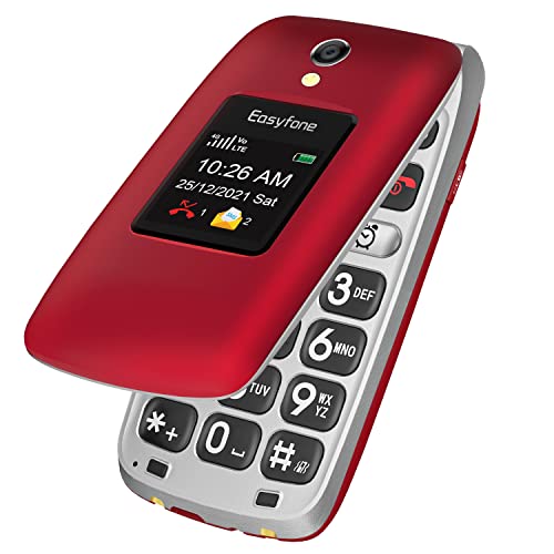 Easyfone Prime-A1 Pro 4G Telefono Cellulare per Anziani a Conchiglia, Tasto SOS mit GPS, Batteria di grande 1500mAh con base di ricarica (Rosso, 4G LTE)