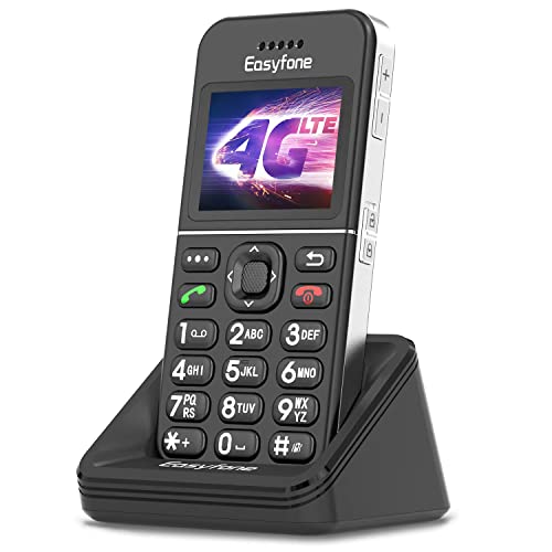 Easyfone T100 4G LTE Telefono Cellulare per Anziani con Tasti Grandi, Funzione SOS con GPS, Batteria di grande 1500mAh con base di ricarica (Nero, 4G LTE)