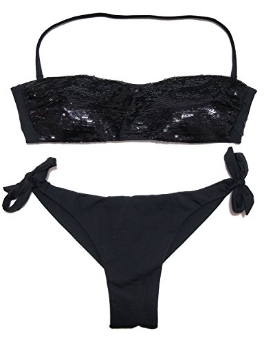 EONAR Donna Costume da Bagno Halter Bikini Top con Paillettes Reggiseno Mare Due Pezzi Bikini Coordinati(S,Black)