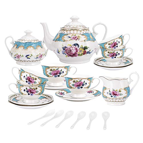 fanquare 15 Pezzi Servizio da tè in Porcellana Turchese Inglesi,Vintage Set Tazzine da caffè Cinese con Fiori di Rosa,Servizio di caffè per Matrimoni per Adulti