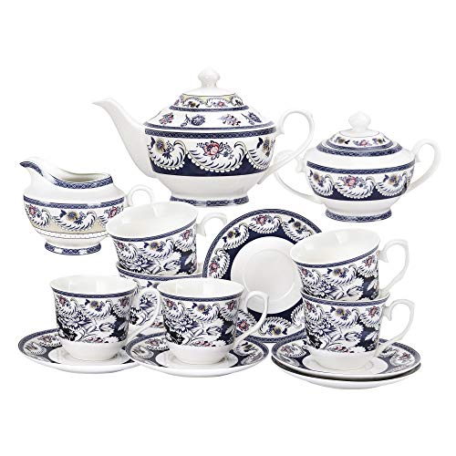 fanquare 15 Pezzi Servizio da tè in Porcellana Vintage, Set Tazzine da caffè in Ceramica con Fiori Blu, Servizio di caffè per Adulti