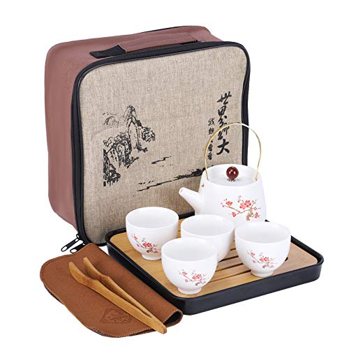 fanquare Servizio da tè da Viaggio Portatile Giapponese con Borsa, Set da tè con Fiore di Ciliegio per Adulti, 1 Teiera e 4 Tazze da tè