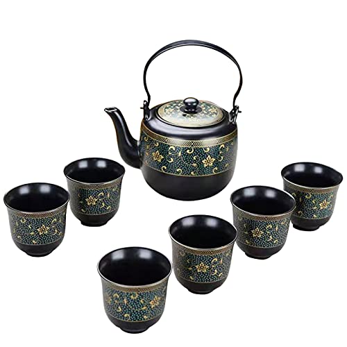 fanquare Servizio da Tè in Porcellana Giapponese, Tazze da Tè Kungfu Fatta a Mano da 6, Grande Teiera Nera con Fiori Dorati