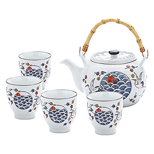 fanquare Servizio da Tè in Porcellana Giapponese Bianca e Blu, Servizio da Tè con Gru e Squame di Pesce, Teiera in Ceramica con Manico in Rattan e 4 Tazze