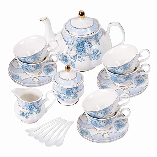 fanquare Set da tè in Porcellana con Fiori Blu, Set Tazza da tè e Piattino, Servizio da tè da Sei, Nozze Teiera Zuccheriera Crema Brocca, Servizio da caffè in Cina