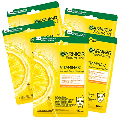 Garnier Maschera in Tessuto Skin Active Hydra Bomb, Idratante e Illuminante, Con Vitamina C e Acido Ialuronico, Per Pelli Spente e Non Uniformi, Confezione da 5