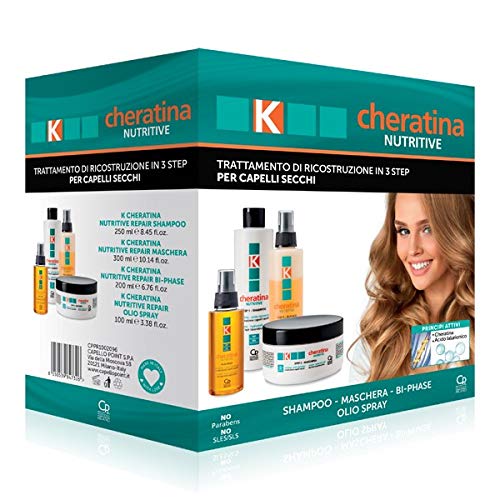 K-Cheratina Nutritive - Trattamento Professionale Capelli Secchi - Contiene lo Shampoo Ricostruzione, lo Spray Bifasico, la Maschera all Acido Ialuronico e l Olio Spray Ultra-Nutriente