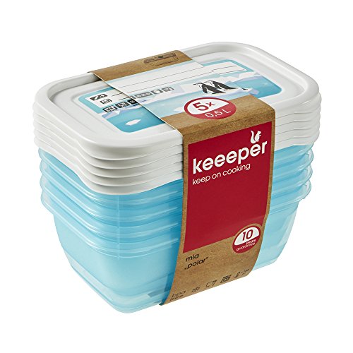 keeeper Set da 5 Contenitori per Congelare Alimenti, Coperchio Scrivibile, 5 x 500 ml, 15,5 x 10,5 x 6 cm, Mia Polar, Blu ghiaccio Trasparente