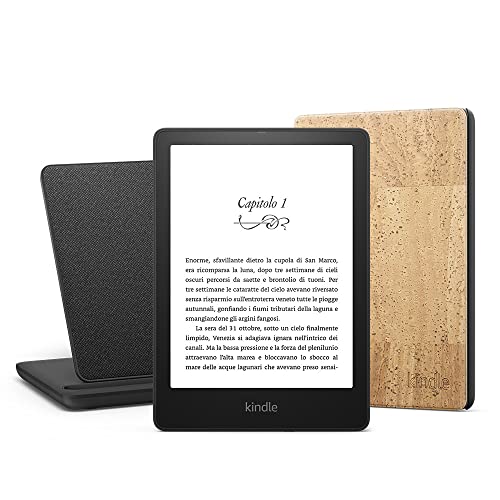 Kindle Paperwhite Essentials Bundle con Kindle Paperwhite Signature Edition (32 GB, senza pubblicità), Custodia Amazon in sughero resistente all’acqua e Base di ricarica wireless