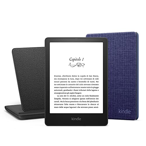 Kindle Paperwhite Essentials Bundle con Kindle Paperwhite Signature Edition (32 GB, senza pubblicità), Custodia Amazon in tessuto e Base di ricarica wireless