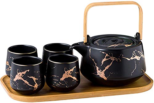 KKGUD Set da tè in ceramica in stile giapponese, elegante teiera e 4 tazze da tè con vassoio di legno per il tè pomeridiano, decorazione per la casa, ristorante, tè e feste, motivo marmo (nero)