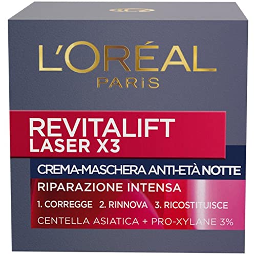 L Oréal Paris Crema Viso Notte Revitalift Laser X3, Azione Antirughe Anti-Età con Acido Ialuronico e Pro-Xylane, 50 ml