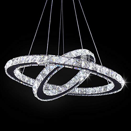 Lampadario moderno in cristallo a LED 19,7 x 11,8 pollici Lampada da soffitto a sospensione 2 anelli in acciaio inossidabile regolabile Sala da pranzo Lampade da soggiorno (bianco freddo)