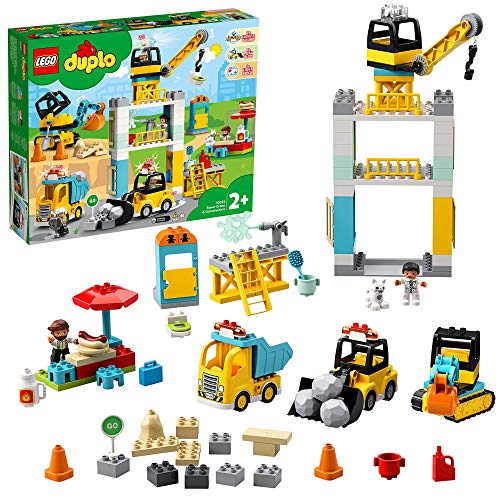 LEGO 10933 DUPLO Cantiere Edile con Gru a Torre, Motore Push & Go e Mattoncini Luci e Suoni, Camion, Escavatore e Ruspa Giocattolo, Giochi per Bambini