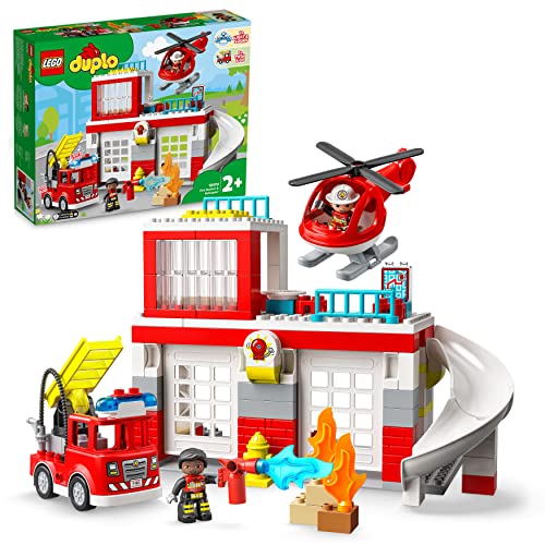LEGO 10970 DUPLO Caserma Dei Pompieri ed Elicottero, Giochi Educativi per i Bambini dai 2 Anni in su, Camion Giocattolo dei Vigili del Fuoco