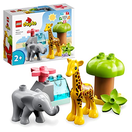 LEGO 10971 DUPLO Animali dell’Africa, Giochi Educativi per Bambini dai 2 Anni con Giraffa e Elefante Giocattolo, Tappetino da Gioco