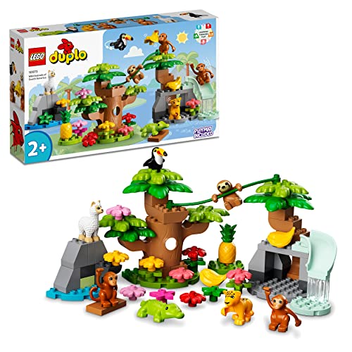 LEGO 10973 DUPLO Animali del Sud America, Giochi Educativi per Bambini dai 2 Anni, 7 Figure di Animali Giocattolo, Tappetino da Gioco della Giunlga
