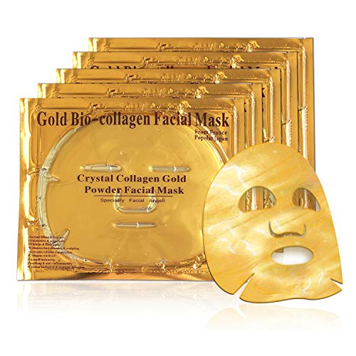 LeSB 5 Pack Maschera per il viso del collagene d oro - anti invecchiamento, rughe, idratante, macchie, rassodanti, tonificanti, cerchi scuri, pelle liscia, ascensore naturale