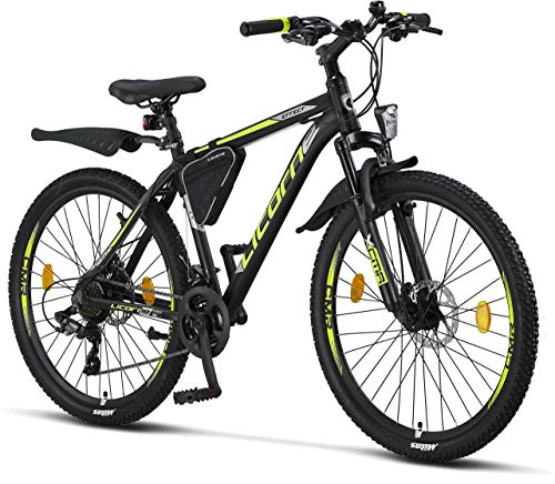 Licorne - Mountain bike Premium per bambini, bambine, uomini e donne, con cambio 21 marce, Bambina, nero lime (2 freni a disco), 26 inches