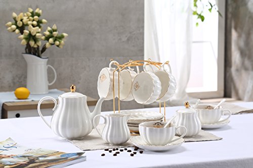 Lieras - Servizio da tè in porcellana, serie British Royal, per 6 persone, tazze da 236,5 ml con piattini, include zuccheriera, teiera, lattiera, cucchiaini e colino da tè, per tè caffè Lily White