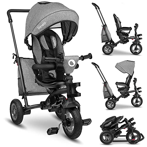 LIONELO Tris 2 in 1 triciclo bambini e passeggino sedile girevole 180 gradi regolabile e compatta con ruota libera borsa spaziosa e portabibite da 1,5 a 5 anni fino a 25 kg (grigio)