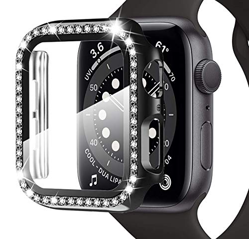 Miimall Compatibile con Apple Watch Series 6 SE 5 4 40 mm custodia con pellicola protettiva in vetro temperato, strass e glitter in policarbonato rigido per iWatch Serie 5 4, colore nero