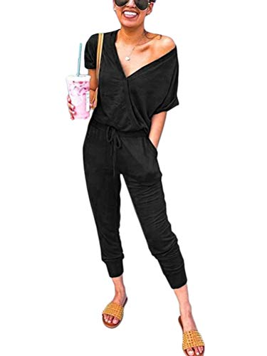 Minetom Donna Jumpsuit Tuta Pagliaccetto Elegante Estivo Pantaloni Maniche Corte Scollo A V Beach Tuta Sportiva di Moda Monopezzi Tutine B Nero XL