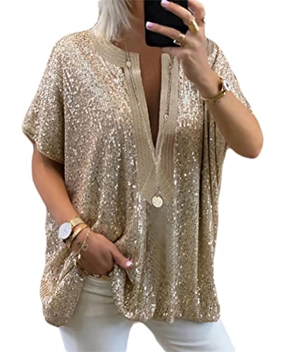 Minetom Donna Maglietta Elegante Paillettes Oversize Camicette Camicia Manica Corta Scollo V Casual Blusa Tops A Oro XL