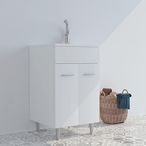 Mobile lavatoio in legno 60x50 50x50 45x50 cm asse lavapanni pilozza vasca in resina lavanderia (60x60 cm, Bianco)