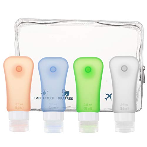 MoKo Bottiglie da Viaggio in Silicone, 4X 89ml Contenitori con Ventosa Riutilizzabili Comprimibili, per Shampoo, Balsamo, Crema, Lozione, per Viaggio in Aereo, Senza BPA, Approvato dalla FDA