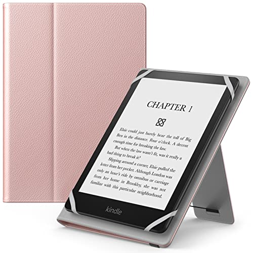 MoKo Custodia Cover Universale Compatibile con E-Lettore Kindle Kobo Voyaga Lenovo Sony Tolino da 6 , 6,8  e 7 , in Pelle PU con Chiusura di Elastico, Doppio Supporto e Manico, Oro Rosa