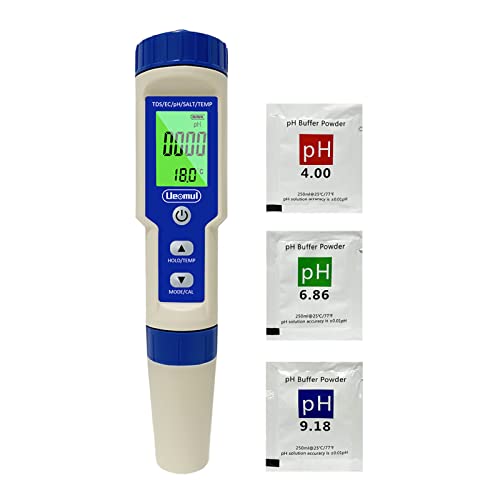 Ueomul 5 in 1 PHmetro digitale con TDS EC Salinità Temperatura pH Tester multiparametro ad alta precisione impermeabile IP67 Misuratore pH acqua compensazione automatica della temperatura