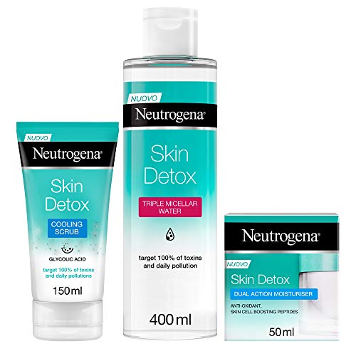 Neutrogena, Skin Detox, Set Viso 3 Pezzi - Esfoliante (150ml), Acqua Micellare (400ml), Crema Idratante (50ml)