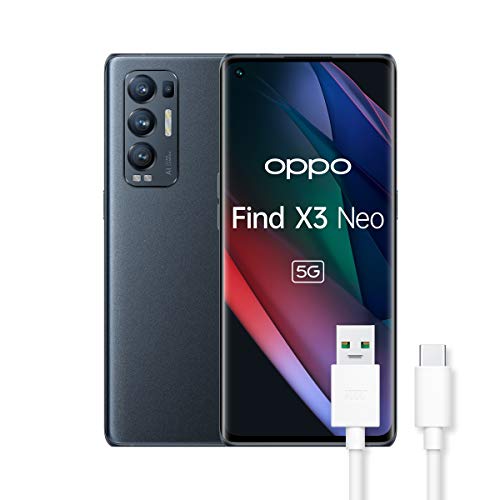 OPPO Find X3 Neo Smartphone 5G, Qualcomm865, Display 6.55  FHD+AMOLED, 4 Fotocamere 50MP, RAM 12GB+ROM 256GB, 4500mAh,WiFi 6,Dual Sim, Cavo dati OPPO Tipo-C, [Versione Italiana], Nero(Starlight Black)