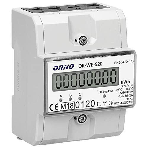 ORNO OR-WE-520 - Contatore di corrente a 3 fasi con certificato MID, 0,25 A - 80 A, 3 x 230 V 400 V, 50 60 Hz, 800 imp kWh
