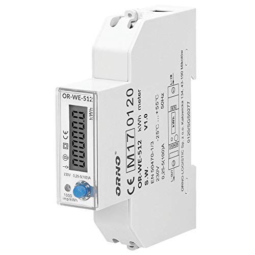 ORNO WE-512 Contatore Energia Elettrica Guida DIN per Sistemi Monofase con Certificato MID e 0,25A -40A. 50 60Hz, 1000 imp kWh (con RS845) (Basic)