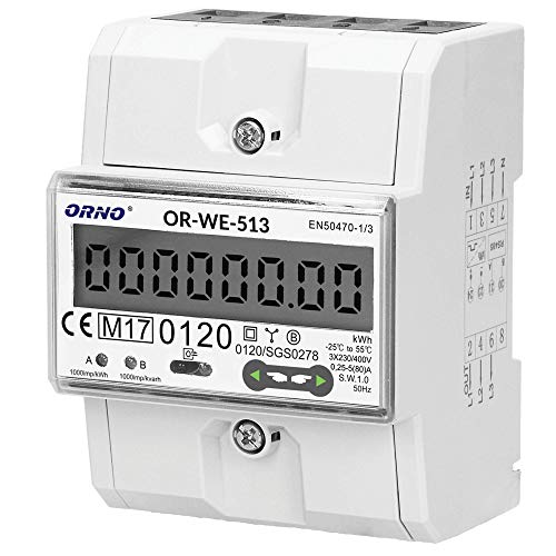 ORNO WE-513 Contatore Energia Elettrica su Guida DIN per Sistemi Trifase con Certificato MID, 0,25A
