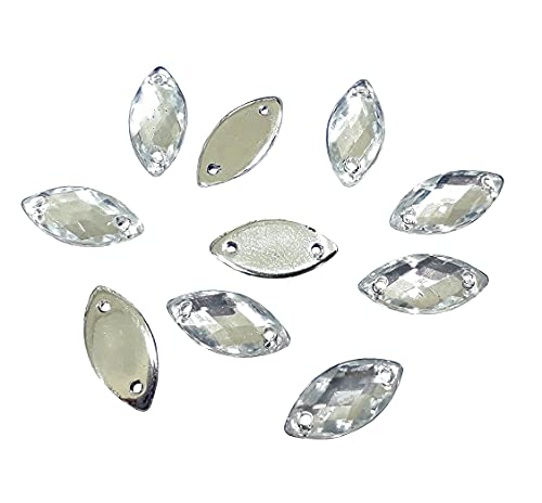 Perlin - Strass da cucire, set ovali da cucire, 15 x 7 mm, cristalli acrilici, per abbigliamento, fai da te, vestiti e borse, 100 pezzi