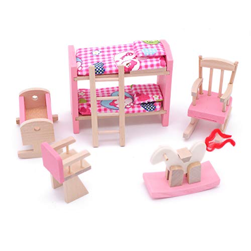 POFET Adorabile Set di camerette in Legno per mobili per Bambole Giocattolo Set di Room per Bambole in Legno per Bambole Giocattolo